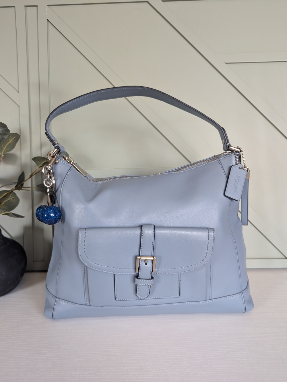 Coach Light Blue Leather Shoulder Bag with Front Buckle Pocket